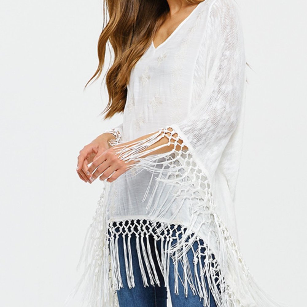 Embroidered knit contrast long sleeve fringe top